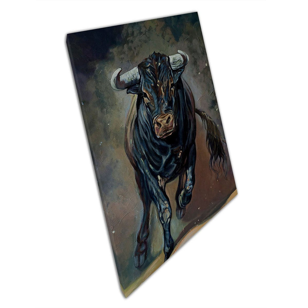 Large Black Bull Running Charging Painting Wall Art Print On Canvas Mounted Canvas print