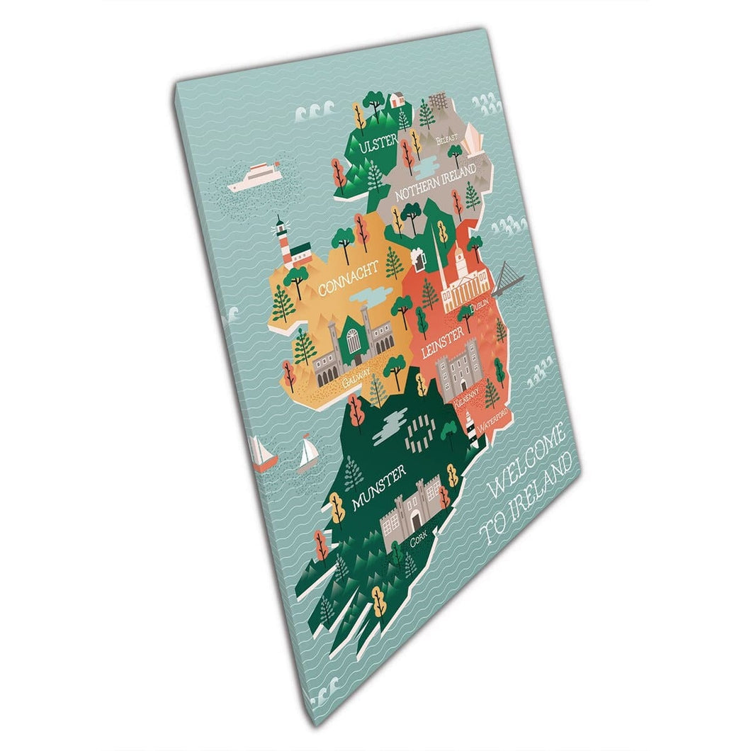 Welcome To Ireland Colourful Digitally Illustrated Map Wall Art Print On Canvas Mounted Canvas print