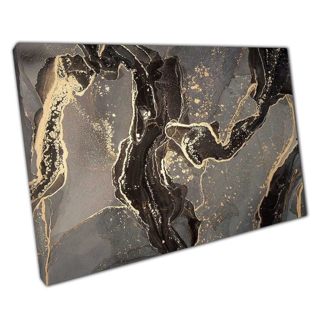 Minimalist Black Grey Gold Fluid Alcohol Ink Marbling Technique Modern Contemporary Wall Art Print On Canvas Mounted Canvas print