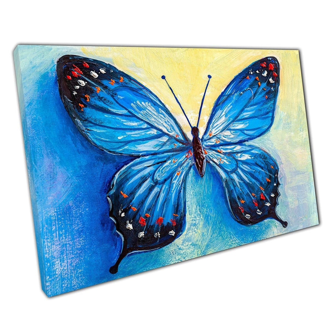Vibrant Blue Butterfly With Bright Orange And Red Dots Oil Painting Texture Style Wall Art Print On Canvas Mounted Canvas print