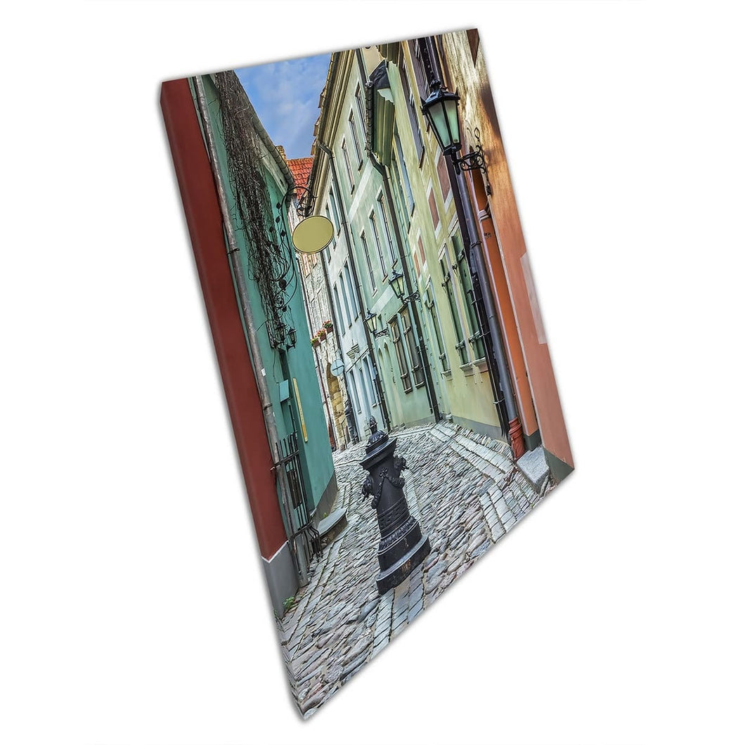 Old Cobblestone Narrow Street Of Colourful Buildings And Architecture Riga Latvia Wall Art Print On Canvas Mounted Canvas print