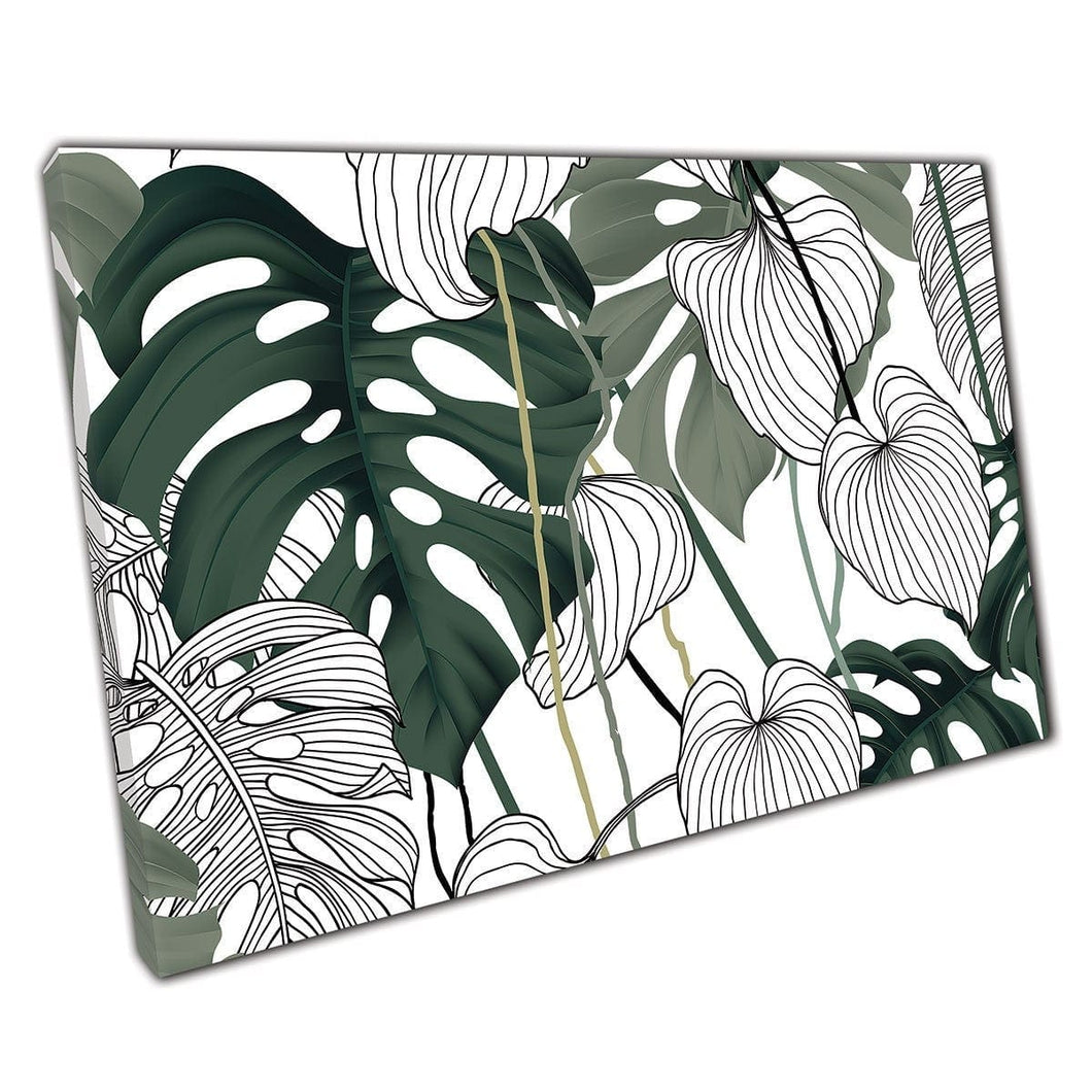 Philodendron Plant Leaf Pattern Green White And Black Canvas Wall Art Print On Canvas Mounted Canvas print