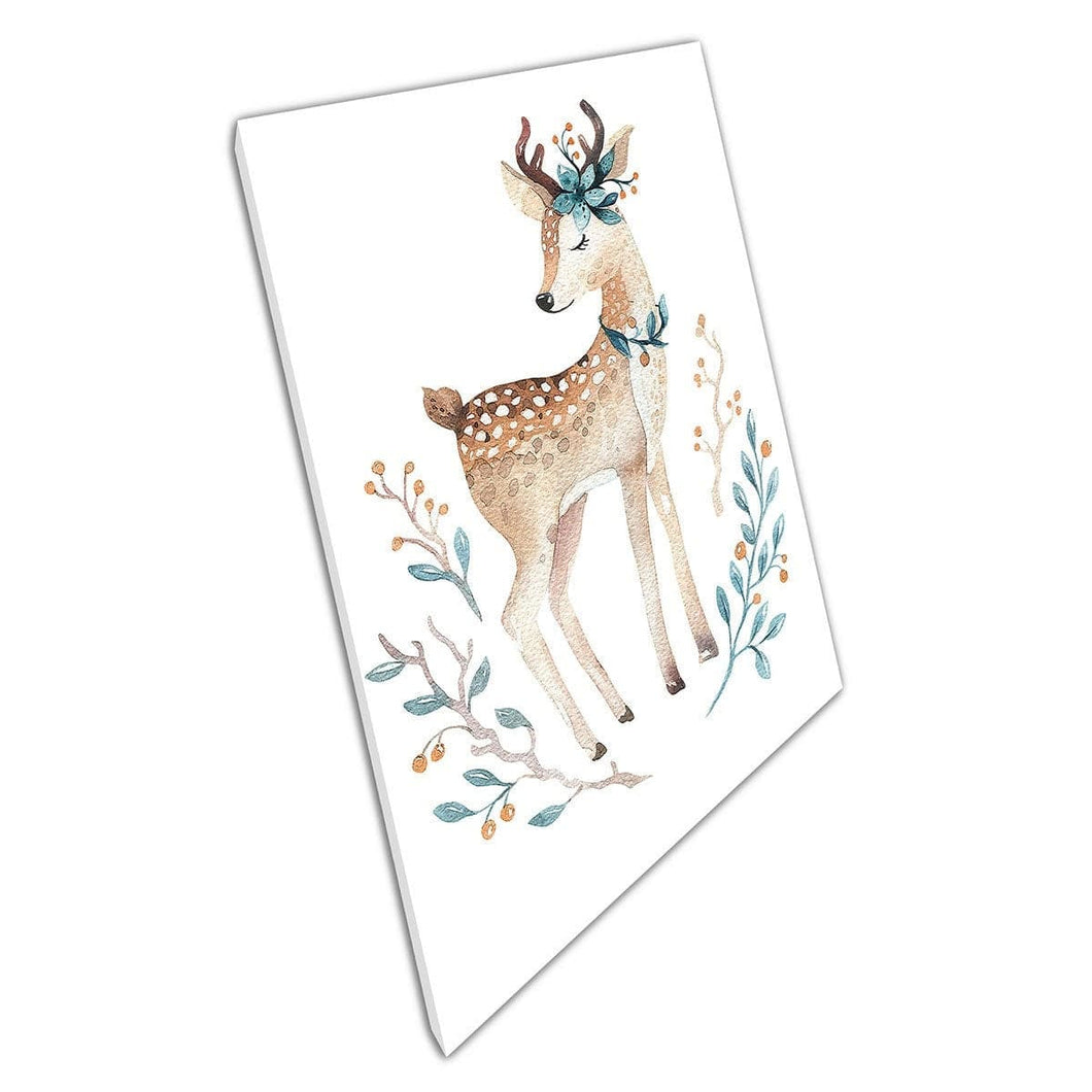 Adorable Boho Baby Deer Fawn In Blue Decorative Foliage Watercolour Illustration Wall Art Print On Canvas Mounted Canvas print