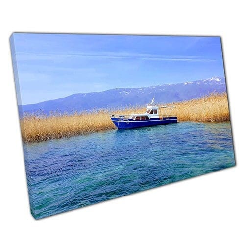 Print on Canvas Small Boat On Clear Blue Lake Ready to Hang Wall Art Print Mounted Canvas print