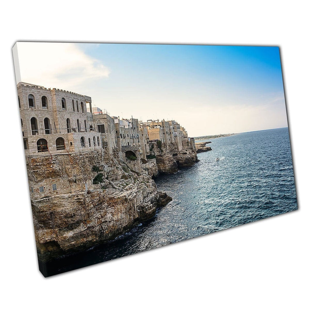 Beautiful Weathered Rocky Cliff Coastline Polignano a Mare Italy Seascape Wall Art Print On Canvas Mounted Canvas print