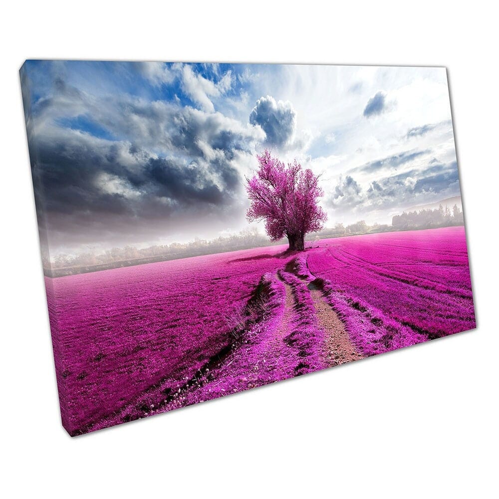 Dramatic Purple fields with single Tree landscape Ready to Hang Wall Art Print Mounted Canvas print