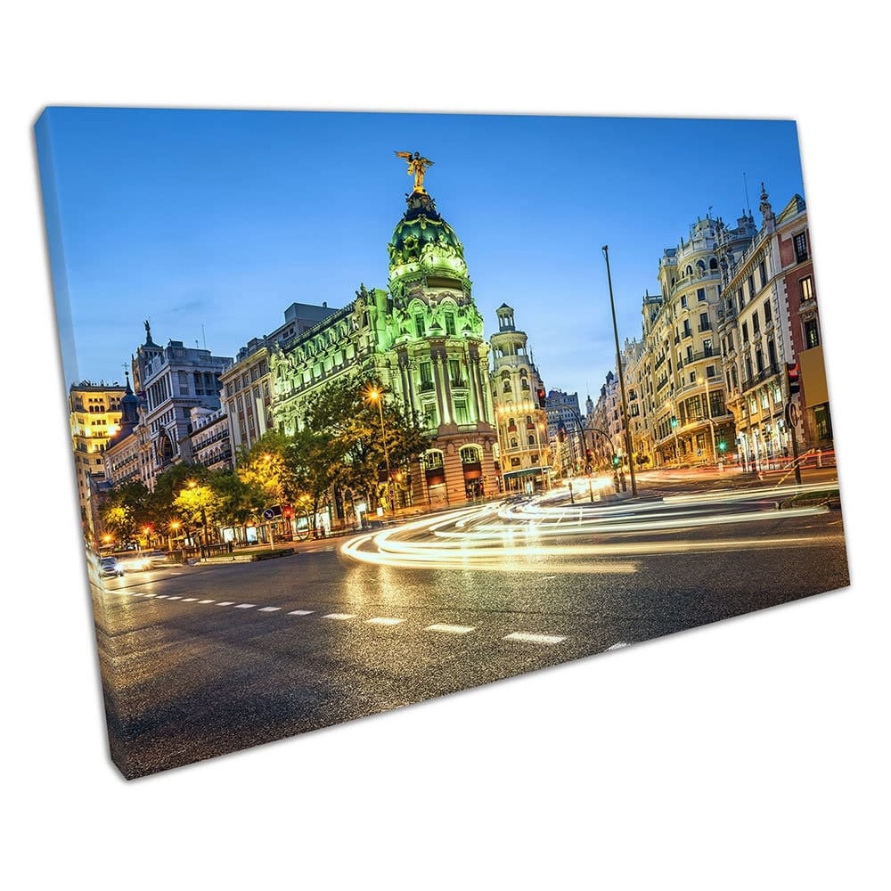 Gran Via city Shopping Street Madrid Spain cityscape Ready to Hang Wall Art Print Mounted Canvas print