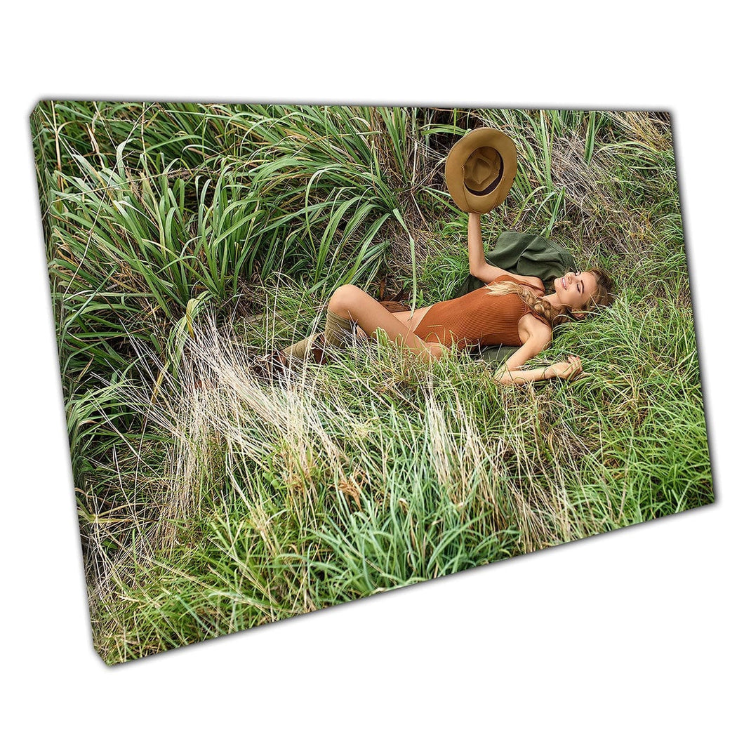 Happy Young Female Exploring Resting In The Grass Wanderlust Exploration Atmosphere Wall Art Print On Canvas Mounted Canvas print