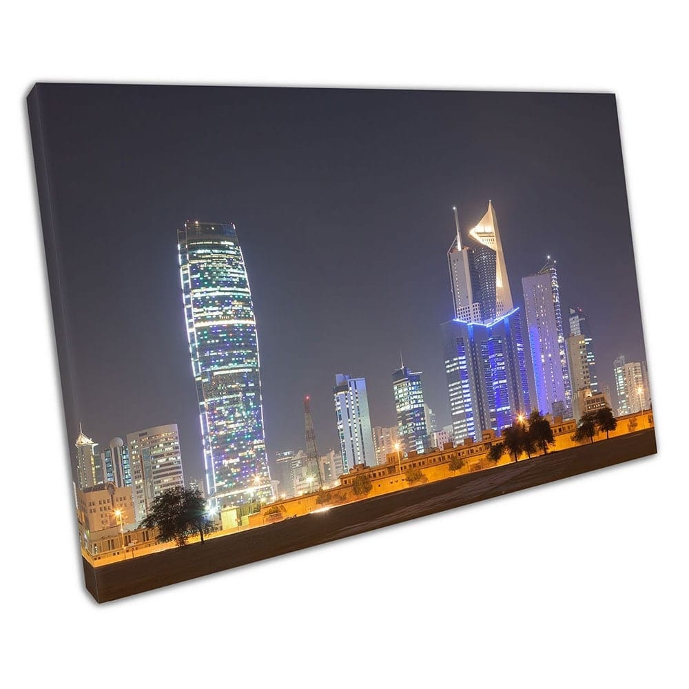 illuminated Kuwait City at night Middle East Cityscape Ready to Hang Wall Art Print Mounted Canvas print