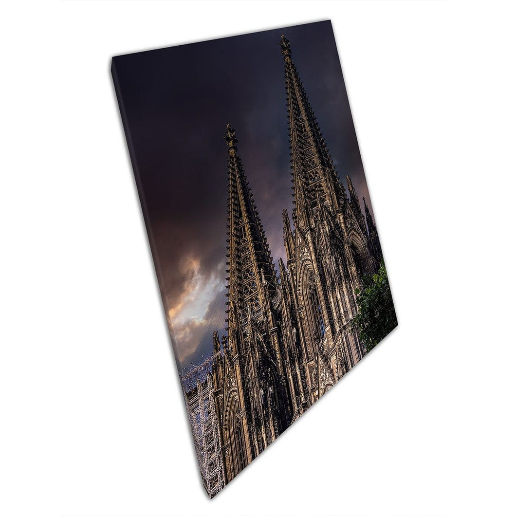 Famous Cathedral Of Cologne On A Dark And Stormy Night Gothic Architecture Wall Art Print On Canvas Mounted Canvas print
