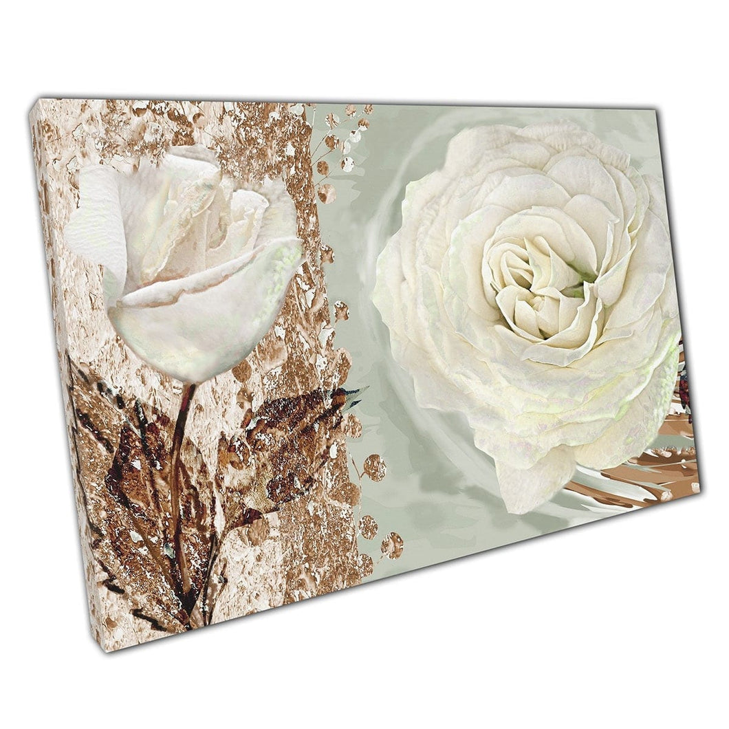 Ornate Floral Digital Collage Artwork White Roses With Bronze Leaves Foliage Abstract Wall Art Print On Canvas Mounted Canvas print