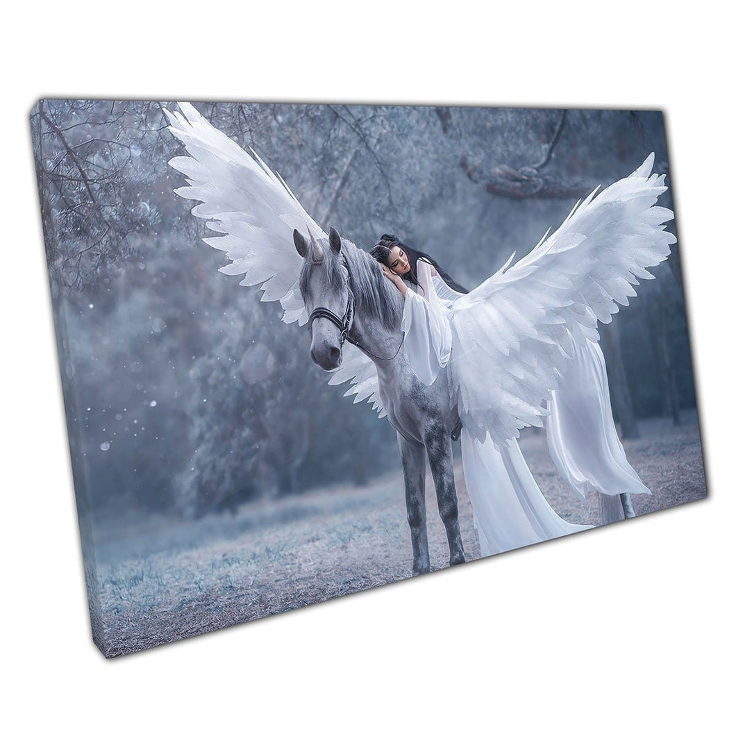 Beautiful Elven Woman Resting On Unicorn Pegasus Horse In Cold Winter Scene Wall Art Print On Canvas Mounted Canvas print