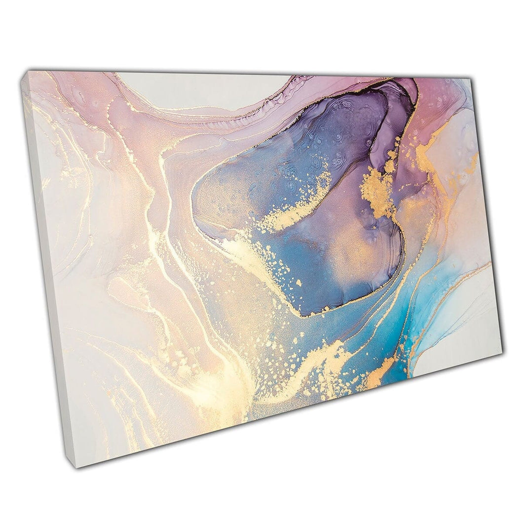 Abstract Free Flowing Style Fluid Alcohol Ink Pastel Shade Marbling Blue Purple Gold Wall Art Print On Canvas Mounted Canvas print