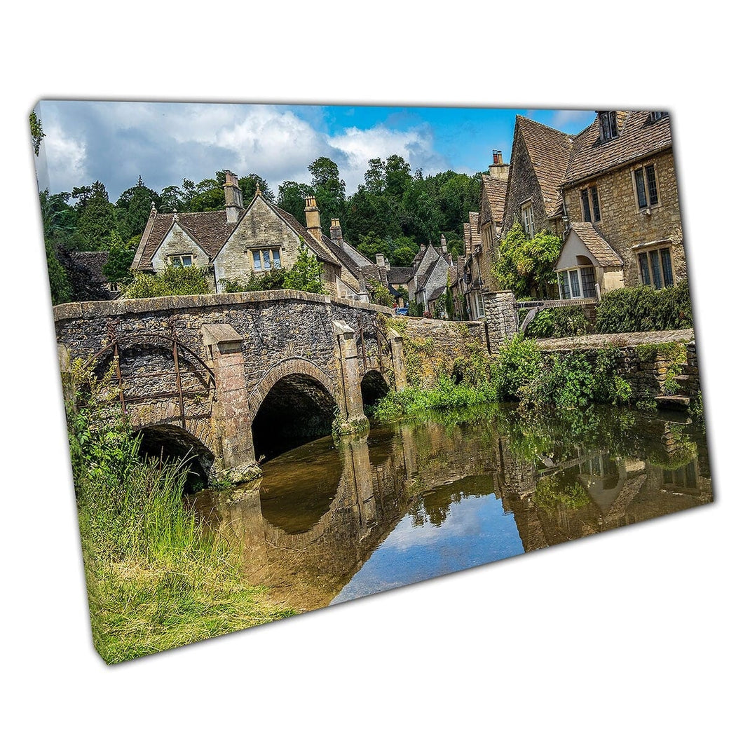 Blue Clear Skies Over Cotswold Village Castle Combe England Wall Art Print On Canvas Mounted Canvas print
