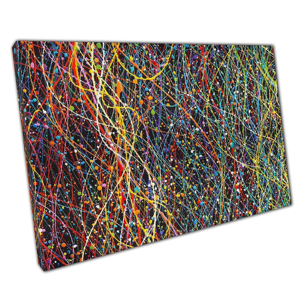 Multicolour Rainbow Abstract Paint Splatters And Drips Against Contrast Black Artwork Wall Art Print On Canvas Mounted Canvas print