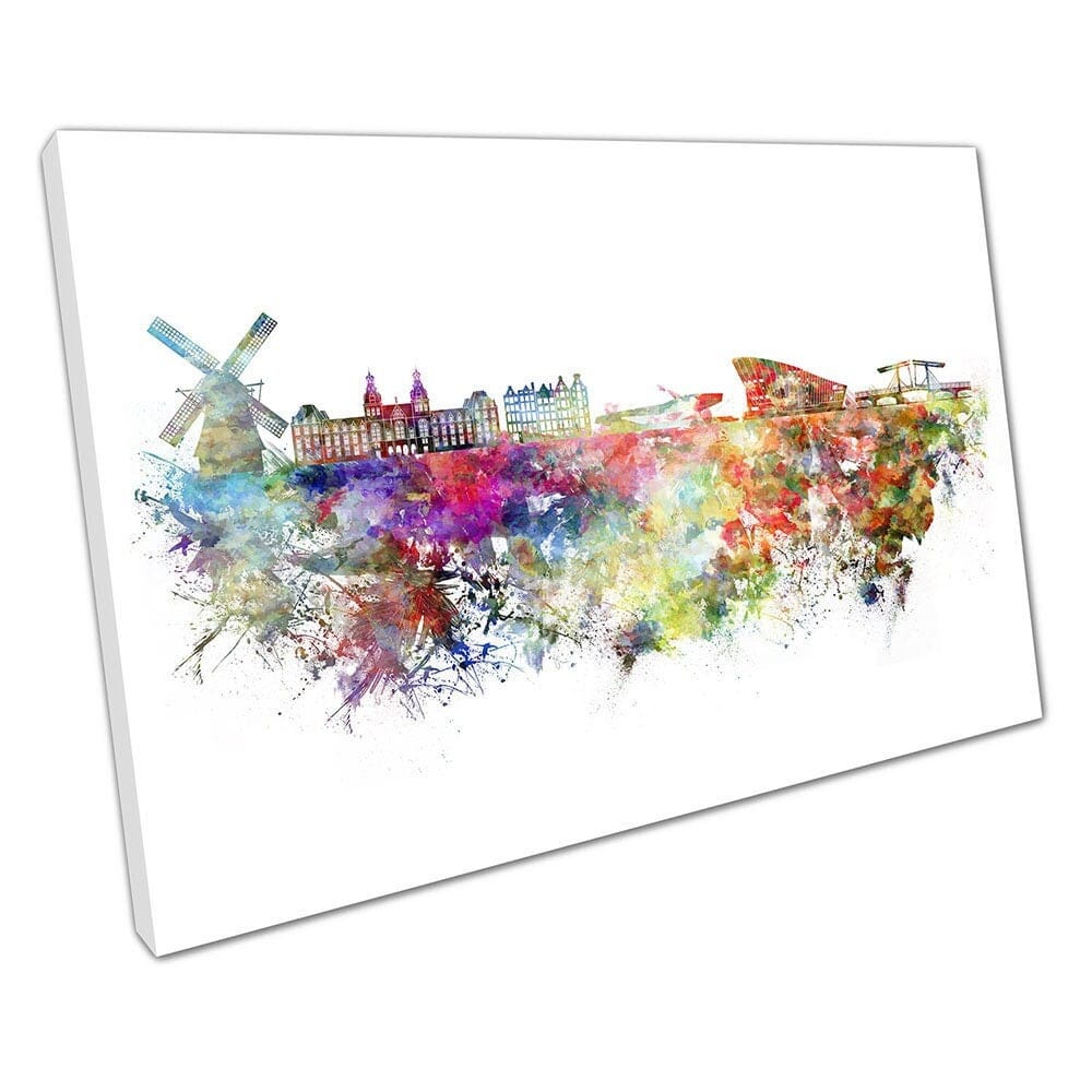 Watercolour City of Amsterdam Holland Netherlands painterly Canvas Wall Art Print Mounted Canvas print