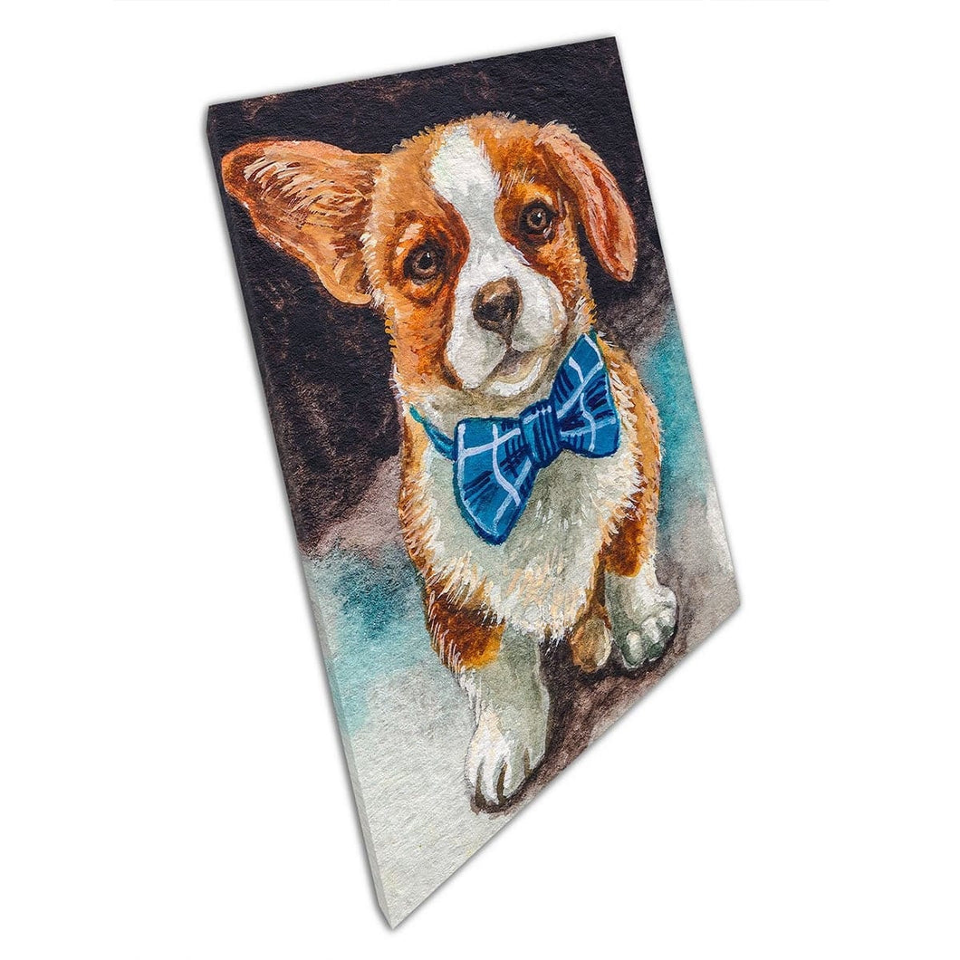 Cute Puppy Dog Pet With Blue Bowtie Collar Painting Wall Art Print On Canvas Mounted Canvas print