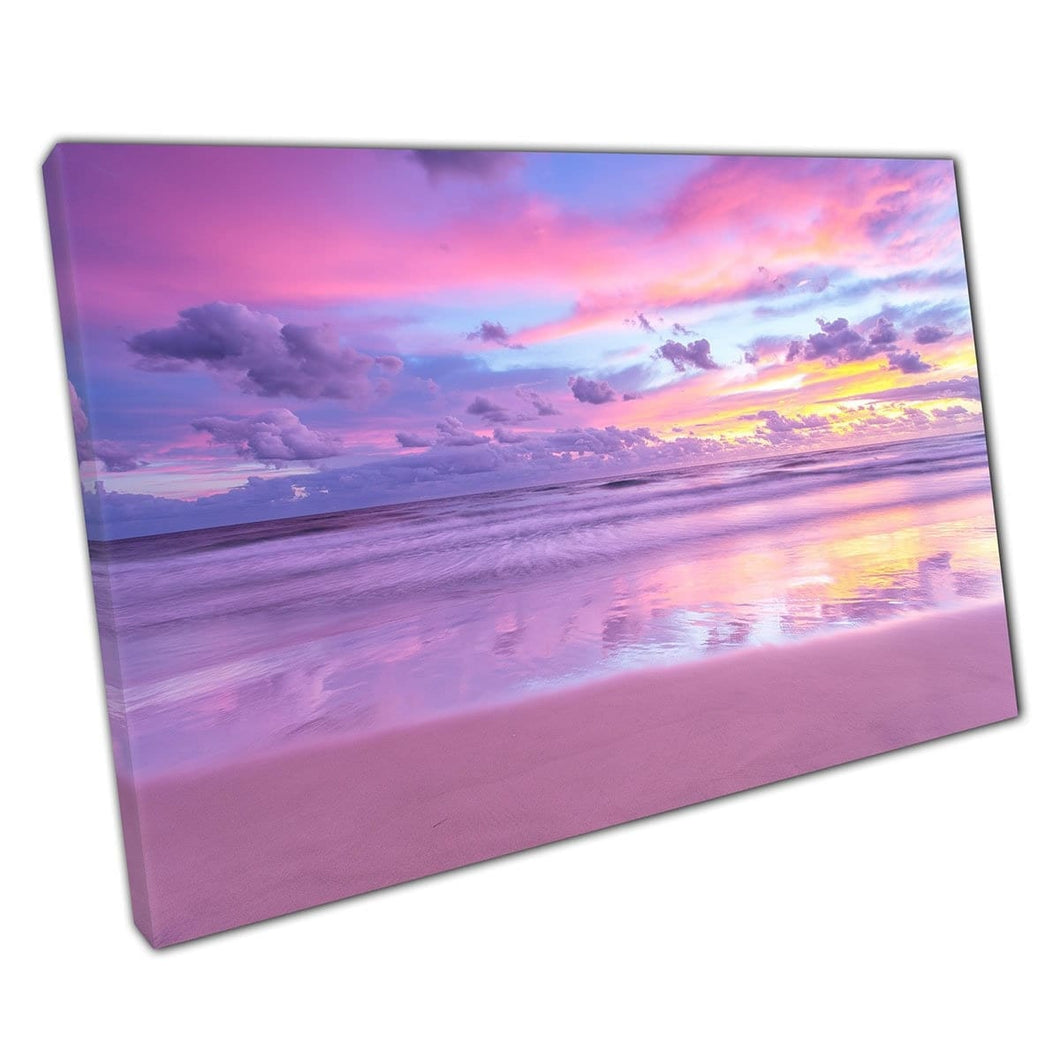 Beautiful Beach Sunrise Cotton Candy Pink Purple Clouds Paradise Seascape Skyline Wall Art Print On Canvas Mounted Canvas print