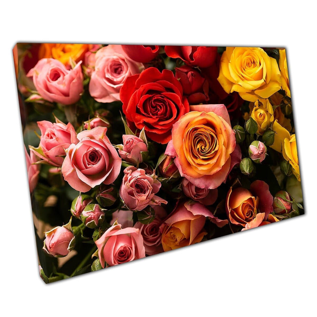 Warm Spring Summer Bouquet Of Beautiful Bloomed Roses Floral Flower Photography Wall Art Print On Canvas Mounted Canvas print