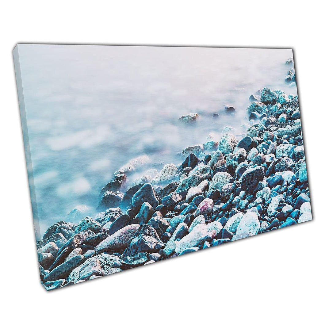 Dreamy Magical Long Exposure Photography Waves Washing Over Rocky Seashore Seascape Wall Art Print On Canvas Mounted Canvas print