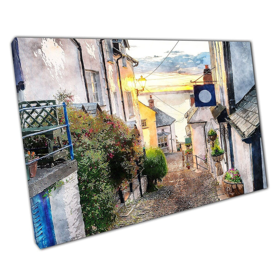 Small Cobbled Steep Hill Street In Clovelly On The Devon Coast Detailed Watercolour Wall Art Print On Canvas Mounted Canvas print
