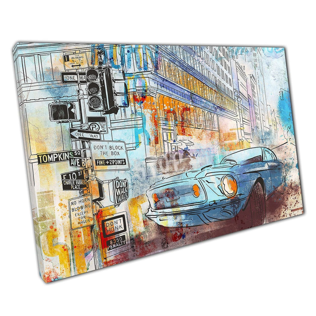 Urban City And Car Mixed Media Layered Style Modern Painting Wall Art Print On Canvas Mounted Canvas print