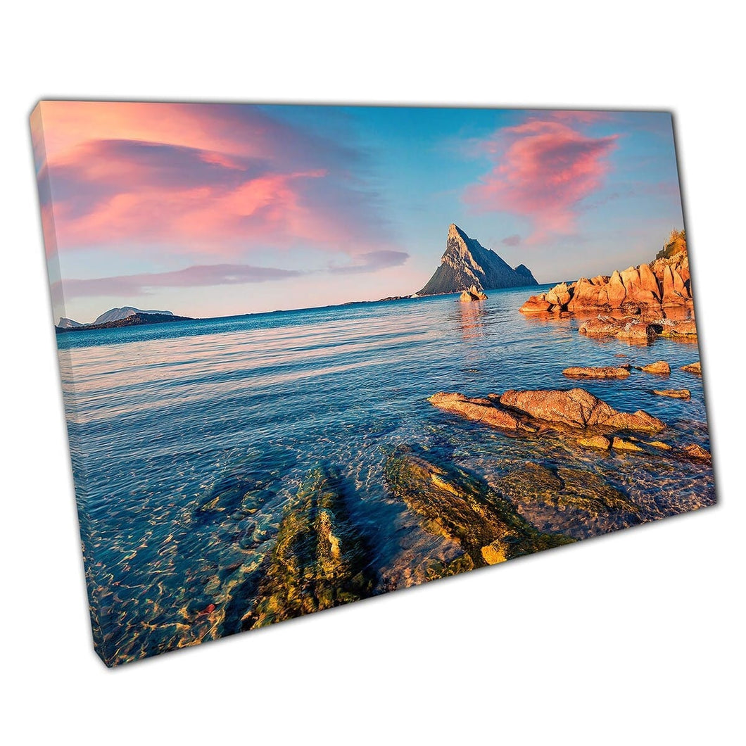Stunning Seascape With Peak Of Tavolara Mountain Surrounded By Mediterranean Sea Wall Art Print On Canvas Mounted Canvas print