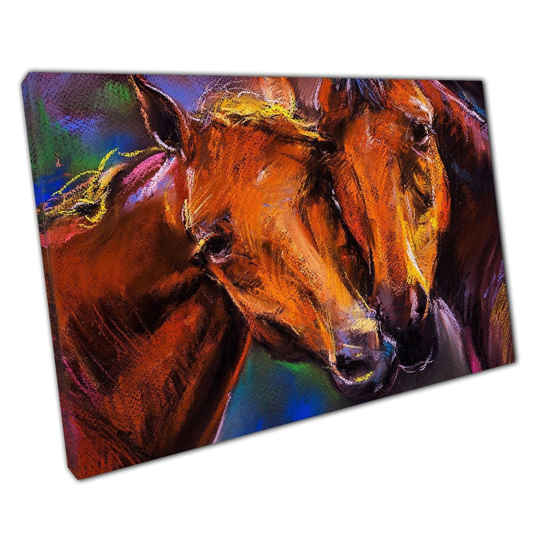 Pastel Portrait Of Two Brown Horses Art Canvas Wall Art Print On Canvas Mounted Canvas print