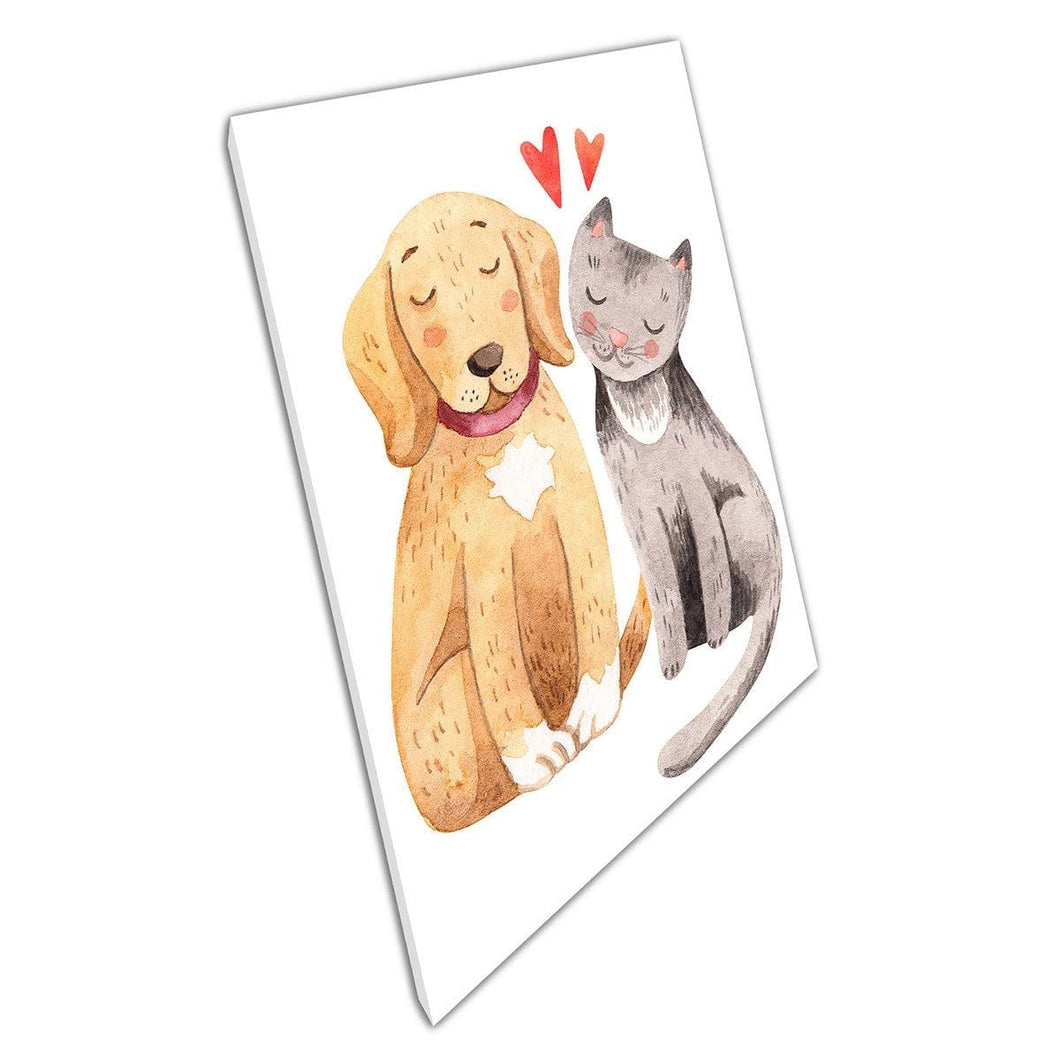 Cute Cartoon Dog And Cat Pet Best Friends Watercolour Illustration Wall Art Print On Canvas Mounted Canvas print