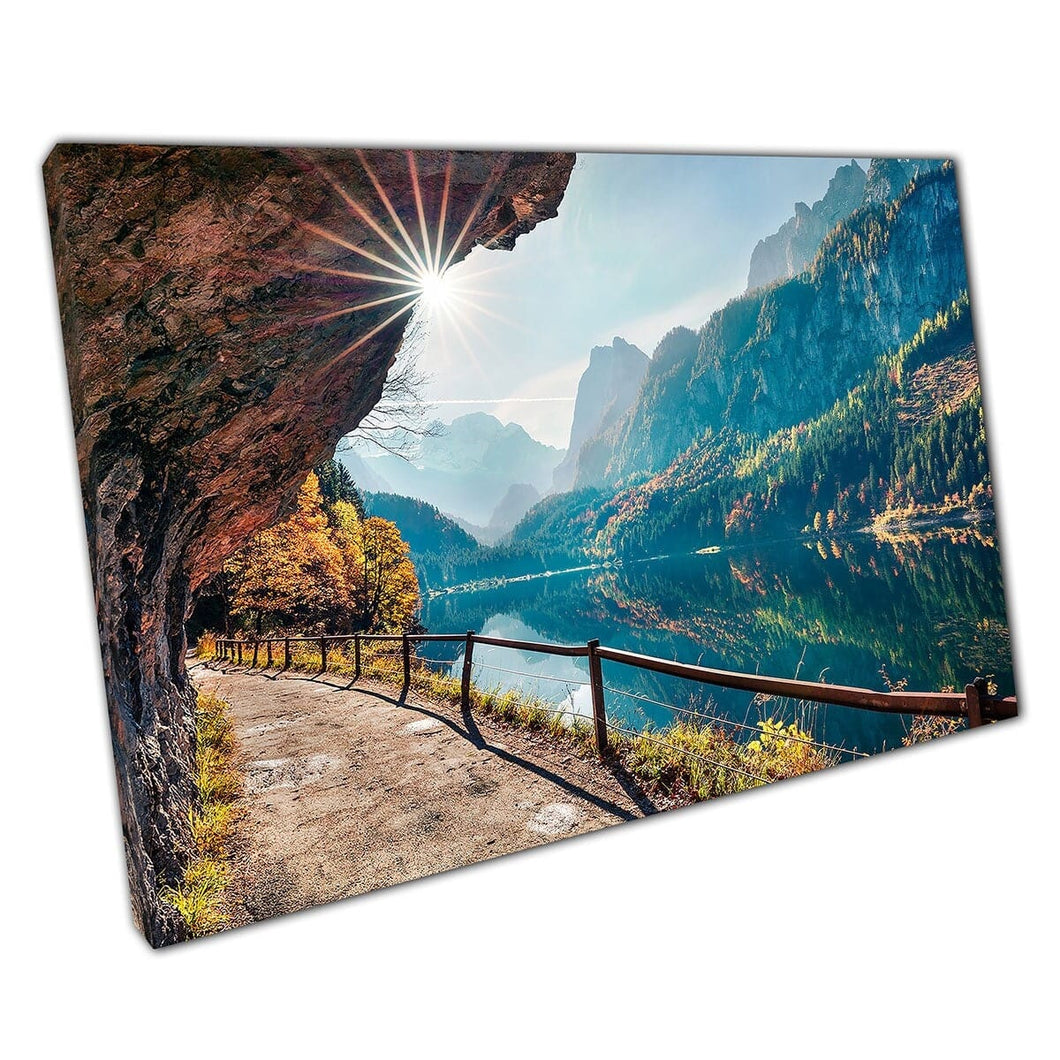 View Of Vorderer Gosausee Lake Sunny Autumnal Austrian Alps Upper Austria Wall Art Print On Canvas Mounted Canvas print