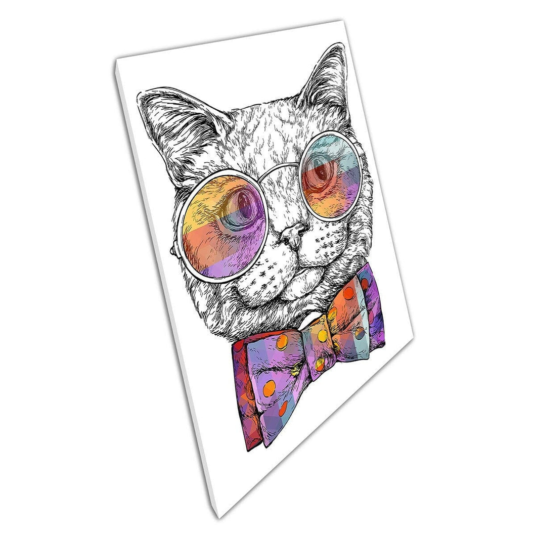 Quirky Cool Cat In Colourful Bowtie And Sunglasses Animal Sketch Illustration Wall Art Print On Canvas Mounted Canvas print