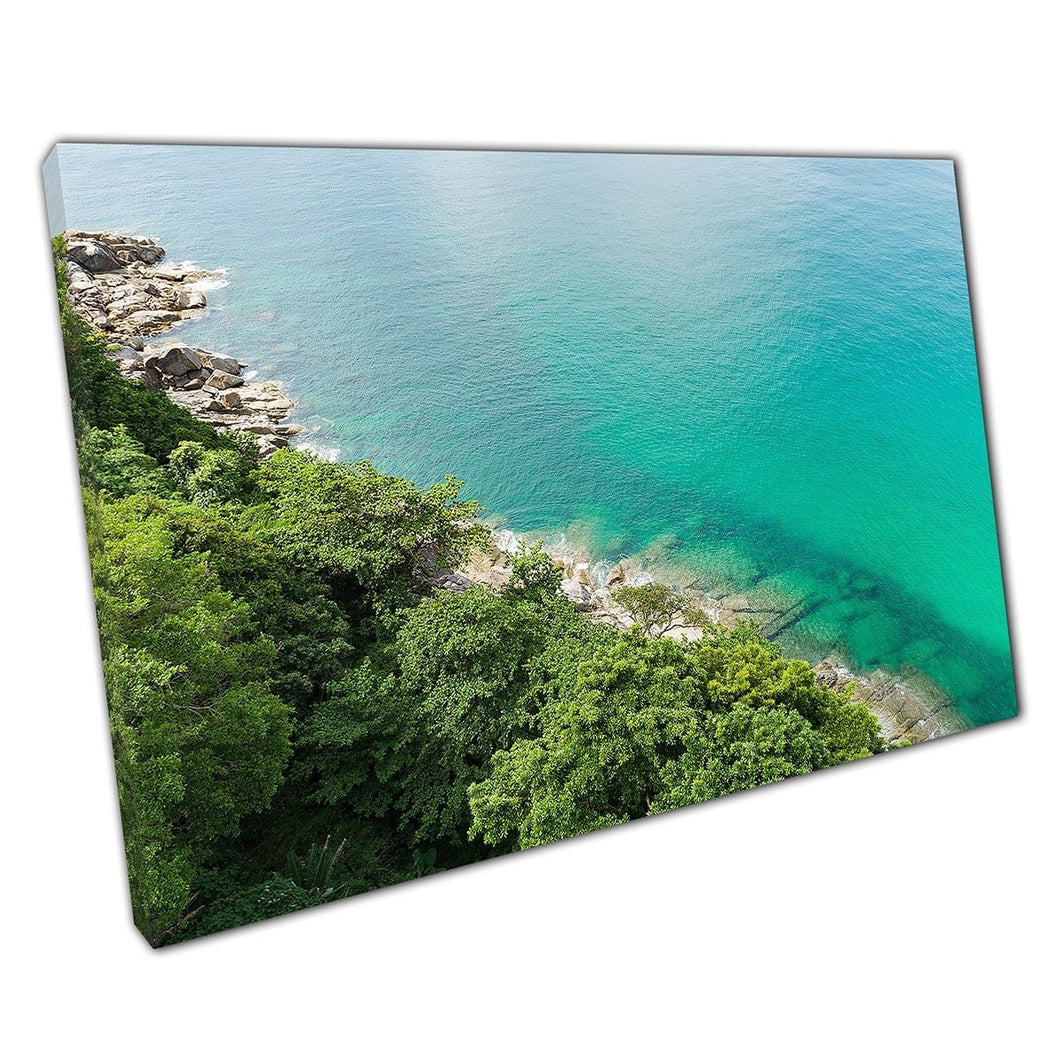 Tranquil View Of A Turquoise Seascape Meeting The Coastline Of A Plush Rainforest Wall Art Print On Canvas Mounted Canvas print
