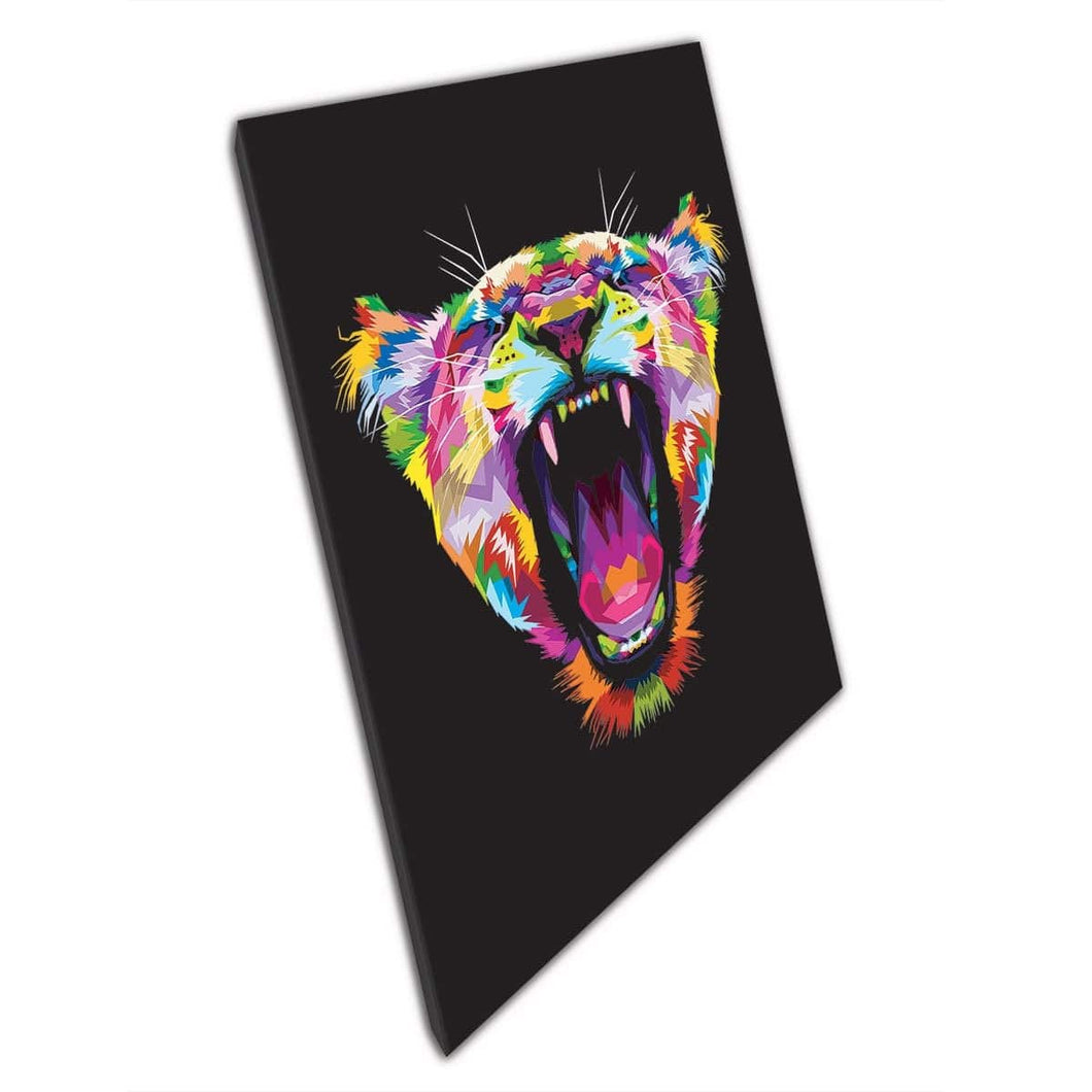 Roaring Yawning Lioness Colourful Geometric Graphic Animal Illustration Wall Art Print On Canvas Mounted Canvas print