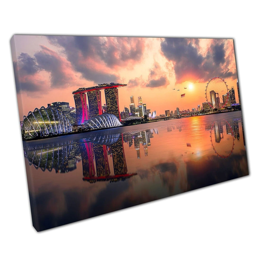 Beautiful Downtown Sunset Of Singapore Busy Skyline Cityscape Reflecting In Water Wall Art Print On Canvas Mounted Canvas print
