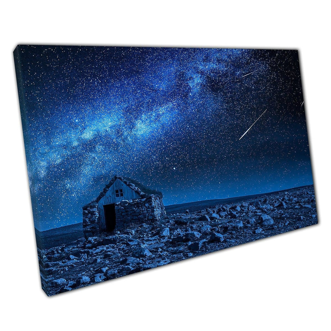 Old Stone Small Cottage In The Wilderness Under Starry Night Sky And Shooting Stars Wall Art Print On Canvas Mounted Canvas print