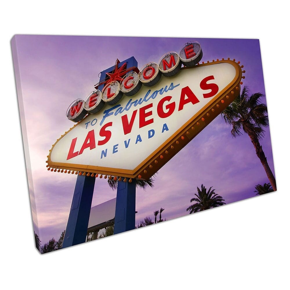 Las Vegas purple sunset over fabulous road sign Nevada Ready to Hang Wall Art Print Mounted Canvas print