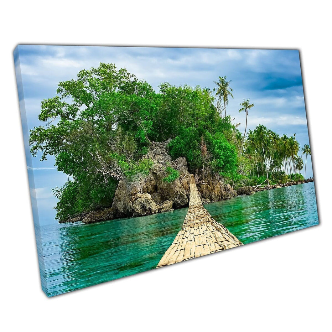Pedestrian Bamboo Hanging Bridge Leading To Exotic Tropical Island Paradise Wall Art Print On Canvas Mounted Canvas print