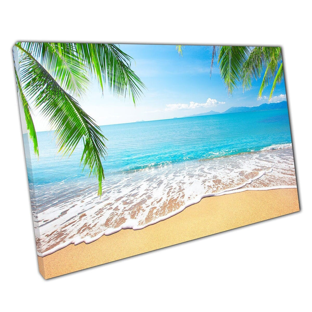 Palm Trees Over A Beautiful Clear Soft Sand Beach Meeting A Clear Blue Ocean Seascape Wall Art Print On Canvas Mounted Canvas print