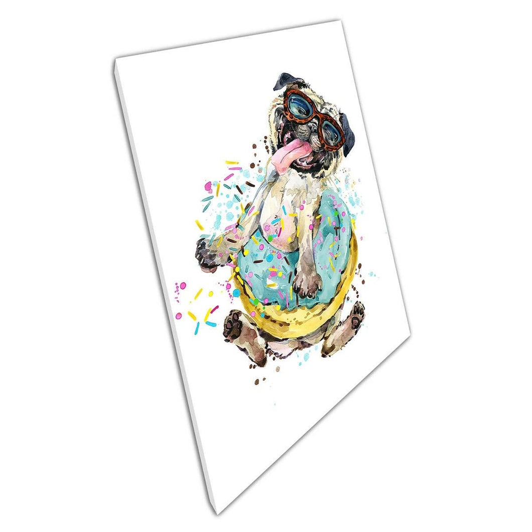 Cute Funny Pug Dog In Sunglasses Playing In Doughnut Watercolour Illustration Wall Art Print On Canvas Mounted Canvas print
