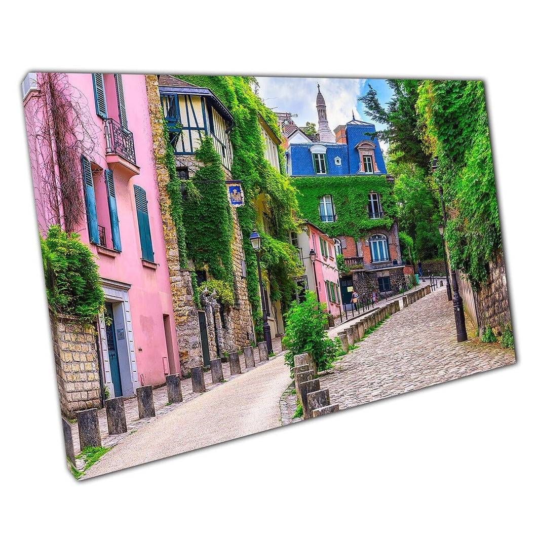 Colourful Street In Montmartre Paris France Traditional Architecture Cityscape Wall Art Print On Canvas Mounted Canvas print