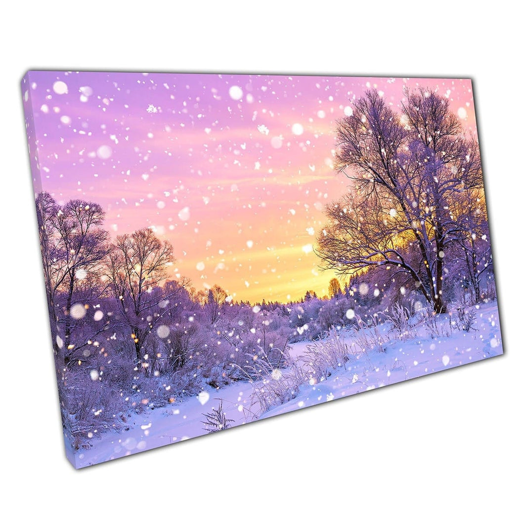 Warm Morning Sunrise Over Purple Toned Winter Wonderland Snow Dusted Forest Snowfall Wall Art Print On Canvas Mounted Canvas print