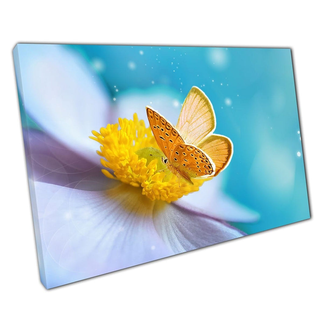 Bright Sunshine Yellow Butterfly Visiting An Open Flower On A Summers Day Insect Wall Art Print On Canvas Mounted Canvas print