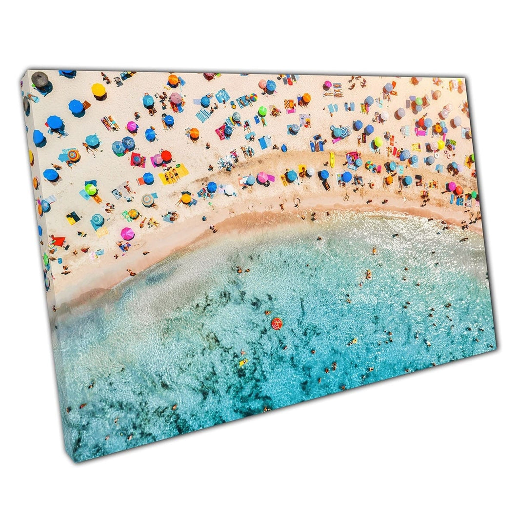Aerial View Of Busy Lively Umbrella Filled Beach Mallorca Balearic Islands Spain Wall Art Print On Canvas Mounted Canvas print