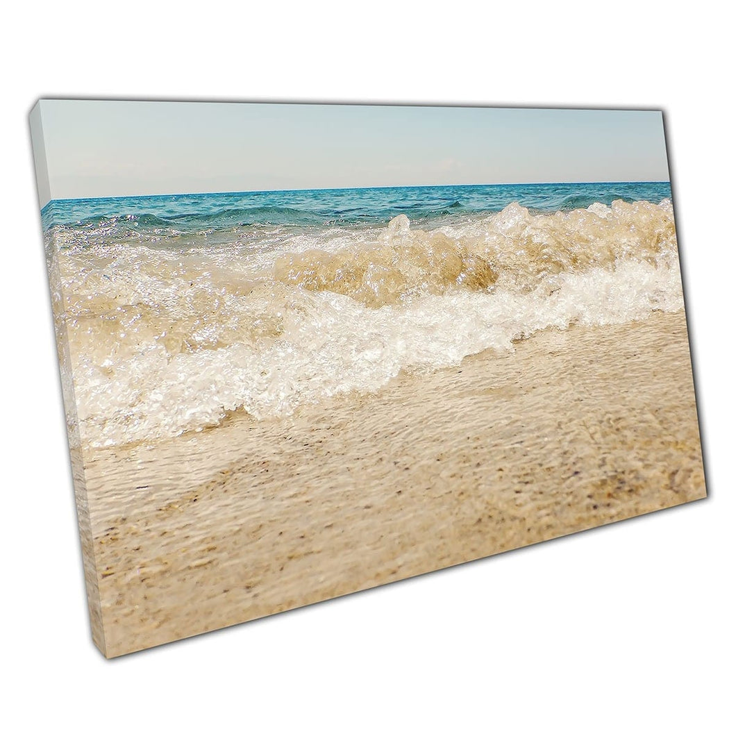 Summer Seascape Wave Of Blue Ocean Closing In On The Warm Sandy Seashore Holiday Wall Art Print On Canvas Mounted Canvas print