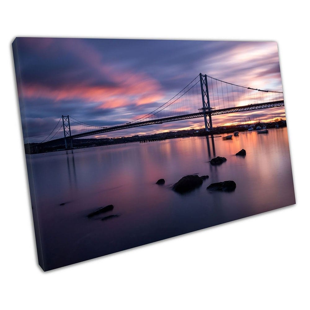 Purple & Blue sunset over Forth Road Bridge Firth of Forth River Wall Art Print Mounted Canvas print