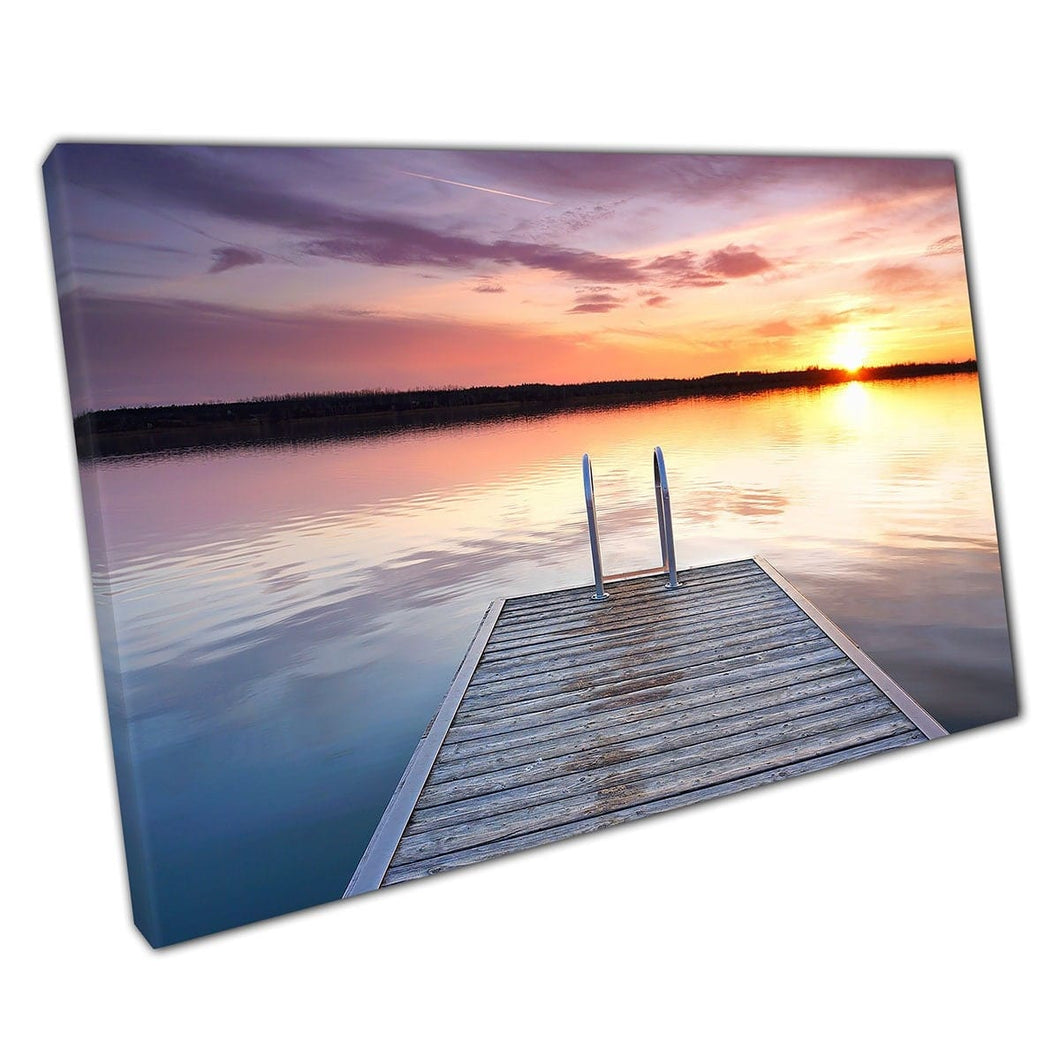 Magical Calm Evening Quiet Wooden Pier In The Sunset Relaxing Peaceful Seascape Wall Art Print On Canvas Mounted Canvas print