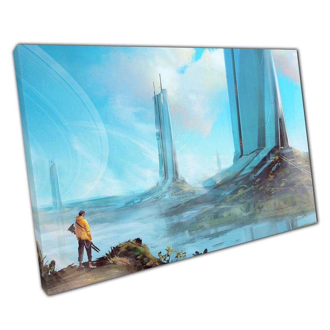 Adventurer Looking At Technologically Advanced Buildings Sci-Fi Fantasy Artwork Wall Art Print On Canvas Mounted Canvas print