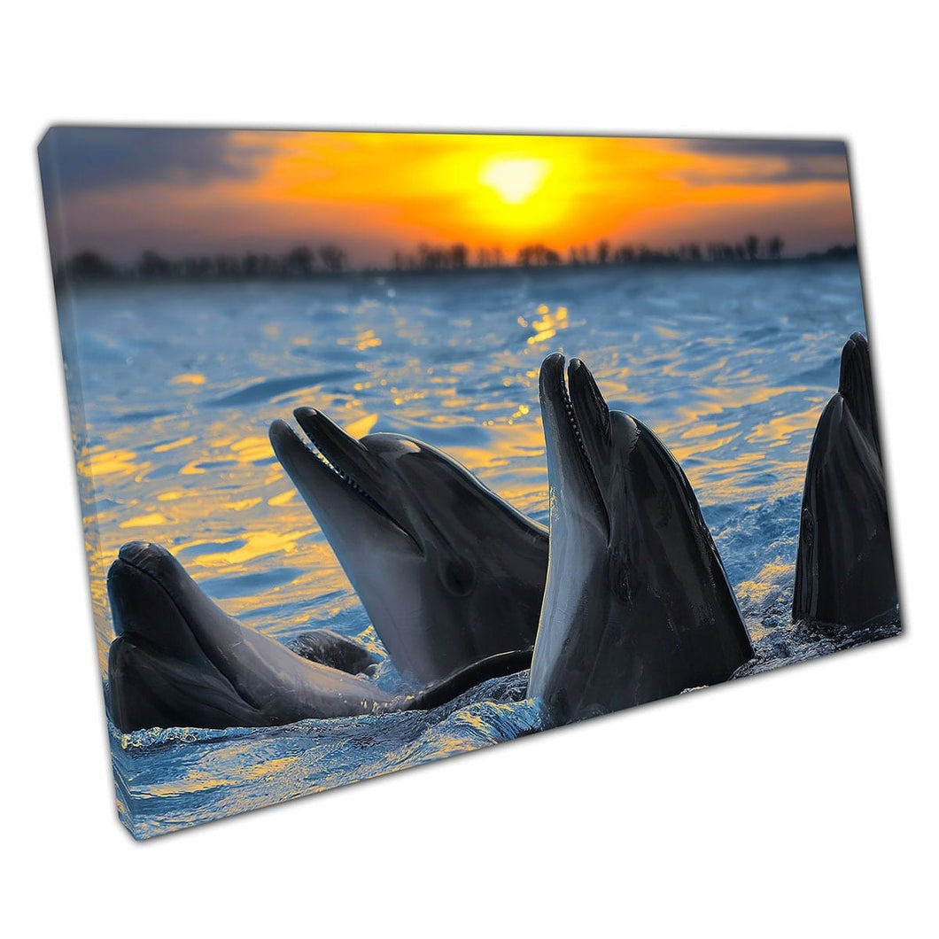 Bottle-Nosed Dolphins Enjoying The Sunset Sea Life Photography Wall Art Print On Canvas Mounted Canvas print
