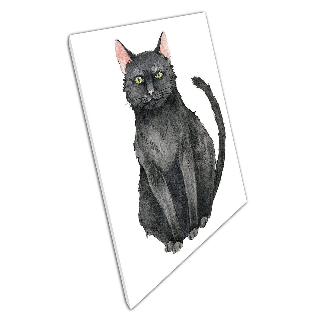 Cute Black Mysterious Cat With Yellow Eyes Watercolour Painting Illustration Wall Art Print On Canvas Mounted Canvas print