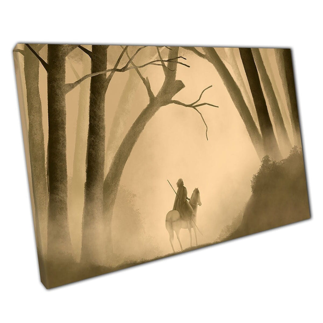 Curious Warrior On Horseback Riding Into Mysterious Foggy Fantasy Forest Sepia Toned Wall Art Print On Canvas Mounted Canvas print